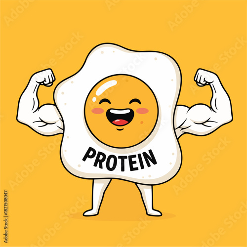 Strong fried egg cartoon character flexing muscles with Protein text