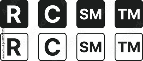 Copyright, Registered, Trademark, and Service Mark icon set. Intellectual Property (IP) Rights Symbols. C, R, TM, SM Mark Collection. Digital Rights and Company Brand Asset Indicator Logos