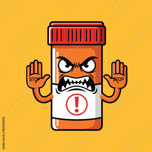 Angry pill bottle cartoon character gesturing stop