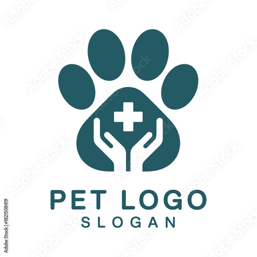 Pet paw print logo with caring hands and medical cross symbol