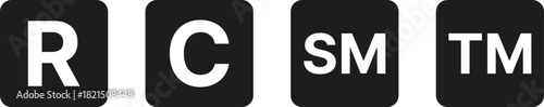 Copyright, Registered, Trademark, and Service Mark icon set. Intellectual Property (IP) Rights Symbols. C, R, TM, SM Mark Collection. Digital Rights and Company Brand Asset Indicator Logos