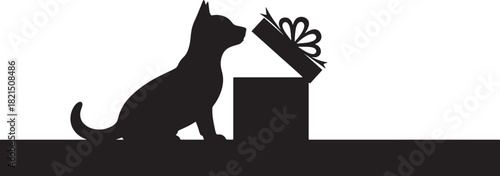 Cat peering into a gift box silhouette on a white background