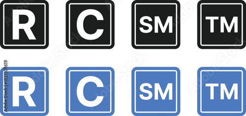 Copyright, Registered, Trademark, and Service Mark icon set. Intellectual Property (IP) Rights Symbols. C, R, TM, SM Mark Collection. Digital Rights and Company Brand Asset Indicator Logos