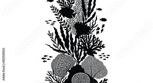 Black Silhouette Underwater Coral Reef Scene With Fish