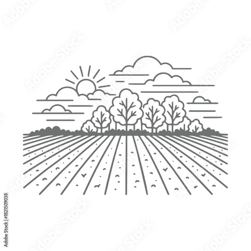 Monoline Rural Landscape with Fields and Trees Line art