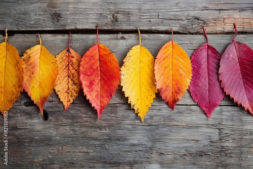 Colorful Autumn Leaves Arranged in a Row on Weathered Wooden Surface