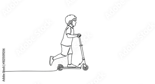 Boy Riding Scooter Line Art child