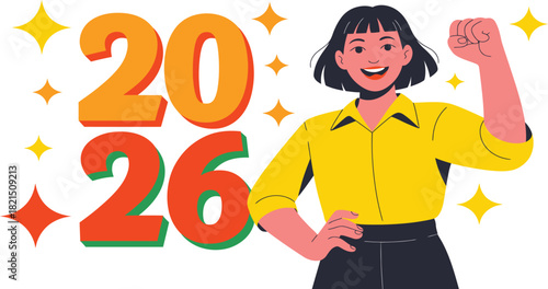 Excited woman celebrating 2026 new year success with positive energy and a bright, optimistic future