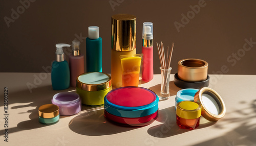 produits cosmétiques colorés, flacons de soins de beauté, crème, maquillage