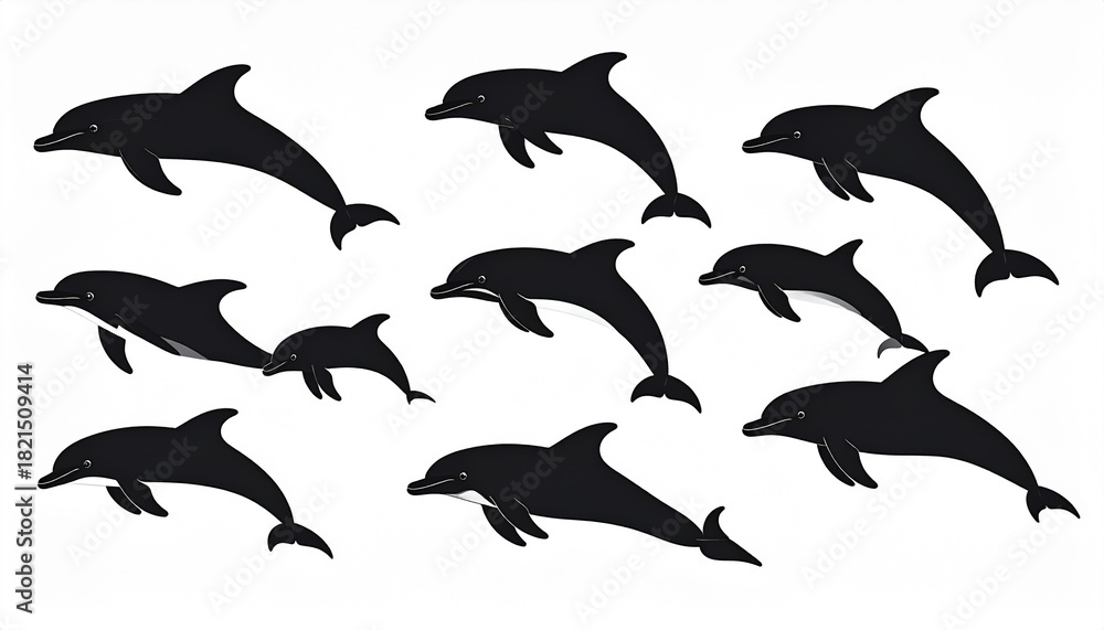 Obraz premium A collection of black dolphin silhouettes swimming together as a pod, an elegant symbol of marine life, community, and freedom isolated on a white background