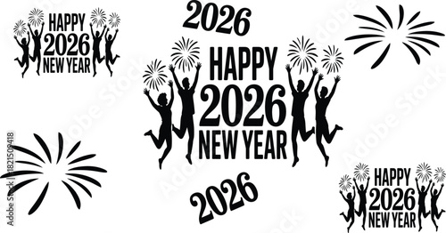 Happy 2026 New Year celebration designs with jumping people and fireworks, perfect for greeting cards, posters and invitations