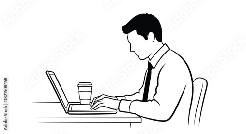 Businessman working on laptop with coffee in line drawing