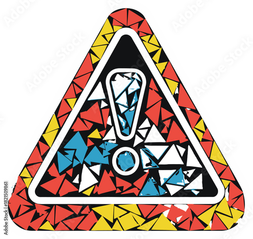 Abstract Warning Sign with Colorful Mosaic Triangular Pattern on a Transparent Background