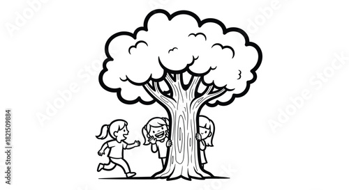 Children Playing Hide And Seek Behind A Tree kids