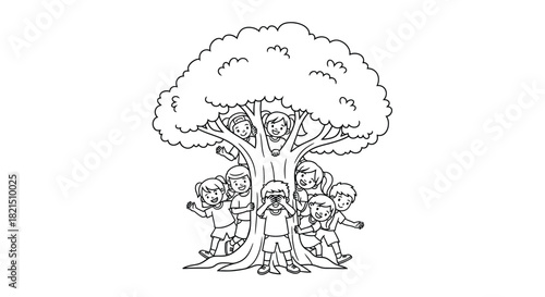 Children Playing Hide and Seek Behind Tree kids