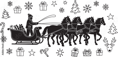 Christmas vector illustration with sleigh horses gifts and winter decorations