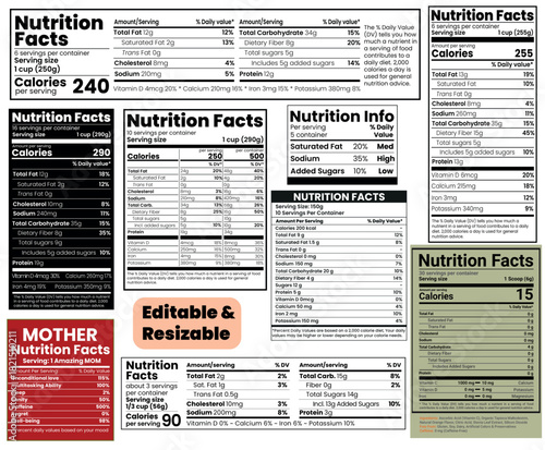 Nutrition facts, Supplement facts, Nutrition facts template, Editable nutrition label template, Printable Vector Files for Food Packaging, Supplements, and Health Products