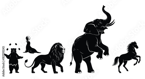 Circus animals silhouette collection with white background Keywords: bear juggling, seal