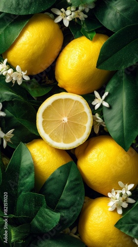 Fresh Lemons Surrounded by Green Leaves and White Flowers on a Dark Background