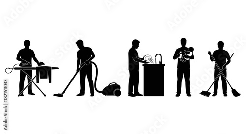 Daily activities of men during the Gynaikratia celebration, featuring household chores and caring for children