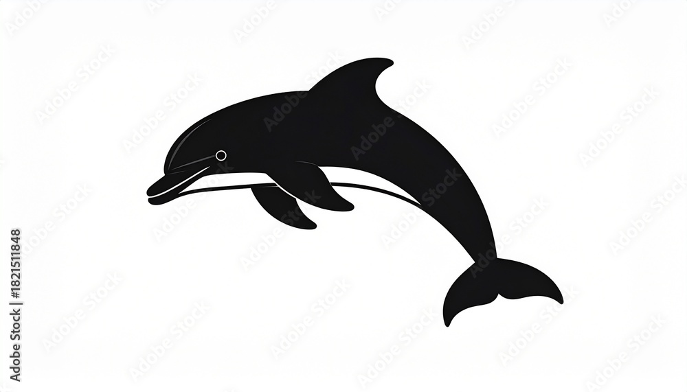 Fototapeta premium Elegant black silhouette of a leaping bottlenose dolphin. A clean and simple graphic icon representing a marine animal in motion