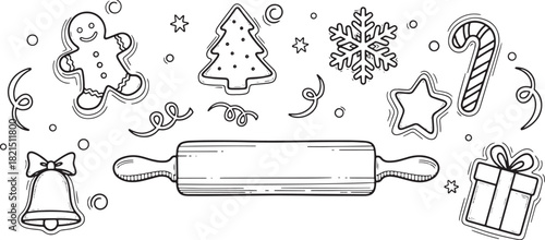 Festive Christmas baking monochrome doodle set with cookies and decorations