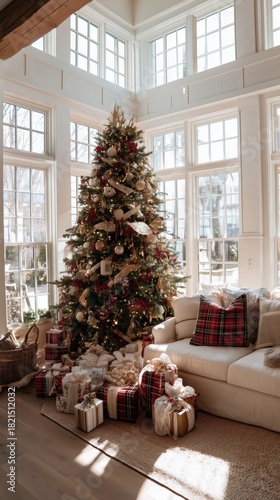Beautifully Decorated Christmas Tree With Presents in Sunny Living Room