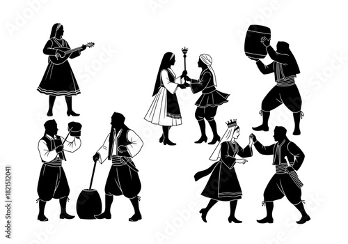 Celebration of Gynaikratia with dancers and musicians in traditional clothing on a white background