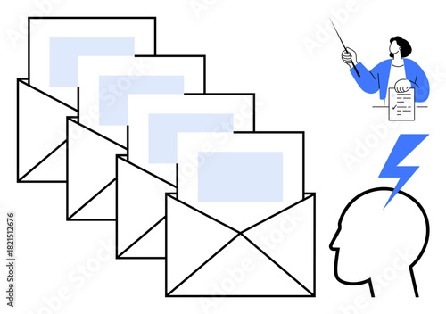 Open envelopes stack with letters, person presenting data with pointer, and head with lightning bolt. Ideal for creativity, education, communication, innovation, organization, professionalism