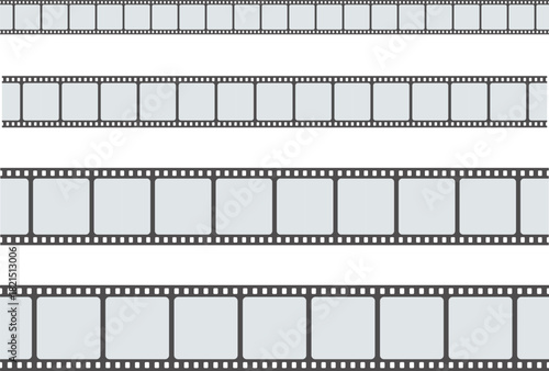 Set of classic film strips with blank frames and sprocket holes, representing cinema and photography
