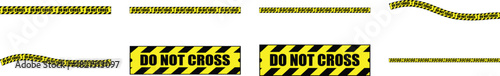 Yellow and black warning tape elements, including do not cross and crime scene do not cross designs, for safety and caution themes