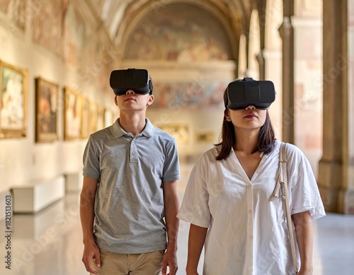 Young Couple Exploring Virtual Reality Art Gallery