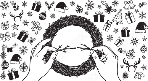 Festive Christmas Wreath Making Hand Crafted Holiday Decoration Black and White