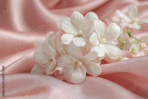 Silk Fabric Background With Delicate White Flowers Arranged on Soft Pink Drapery