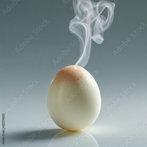 An evocative and surreal minimalist image featuring a smooth white egg standing upright against a soft grey-blue background. A delicate wisp of white smoke or steam curls gracefully from its crown, su