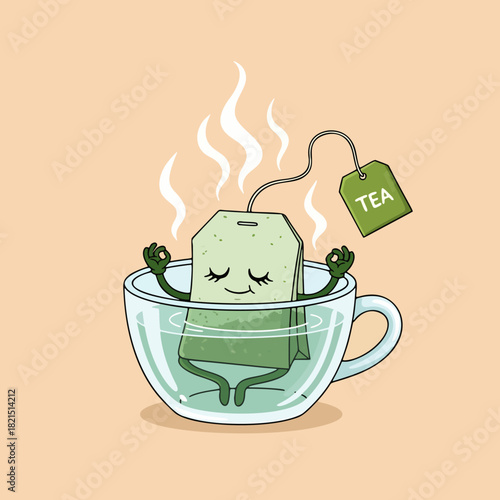 Relaxing green tea bag cartoon character in cup
