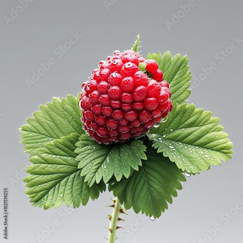 A vibrant, dew-kissed red raspberry rests atop its lush green leaves on a thorny stem, showcasing the delicate textures of the fruit and foliage against a soft grey background, capturing the essence o