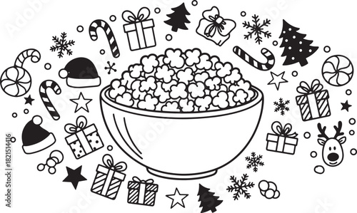 Festive Holiday Movie Night with Popcorn and Holiday Icons Graphic