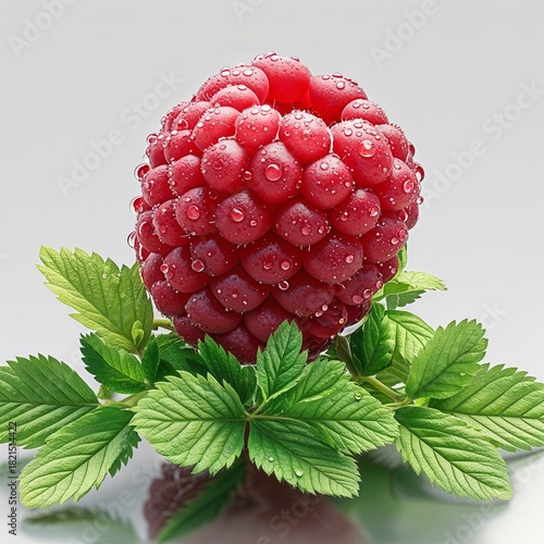 The Glistening Crimson Jewel: A Detailed Portrait of a Freshly Washed Red Raspberry Resting Atop Lush Green Foliage Highlighting the Refreshing Purity and Natural Sweetness of Sun-Ripened Garden Berri
