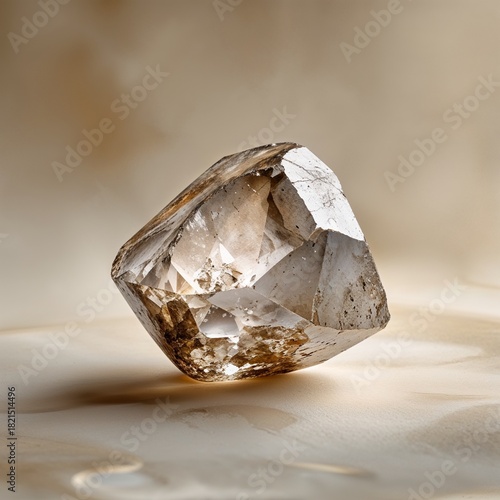 A Single, Radiant Mineral Specimen: This Sharp, Translucent Crystal Rests on a Meticulously Carved Earth-Toned Surface, Highlighting the Intricate Geometry of Nature and the Harmonious Balance of Ligh