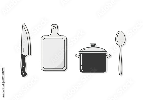 Kitchen Utensils Knife, Cutting Board, Pot, and Spoon - A Minimalist Illustration
