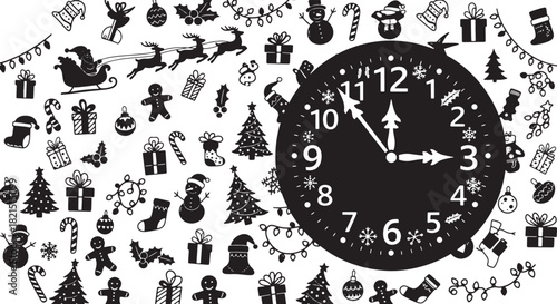 Festive New Year clock with Christmas doodles seamless pattern background