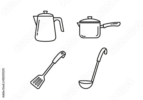 Collection of kitchen utensils and cookware, including a kettle, saucepan, spatula, and ladle, rendered in a simple line art style