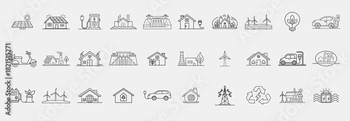 Renewable energy and low-emission sustainable power system line icons set, including Solar panel, Wind turbine, Eco house, EV charging, Electric car, Solar battery storage, and other collections.