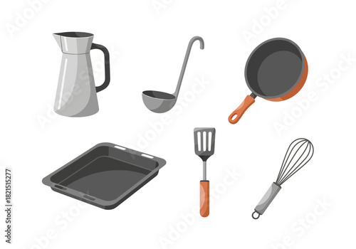 Vector illustration set of various cooking tools and kitchen equipment for home food preparation isolated on white
