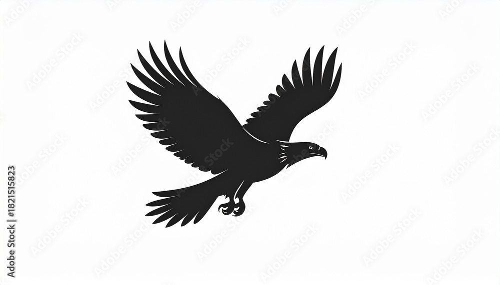 Fototapeta premium Dynamic black eagle silhouette with outstretched wings soaring against a crisp white background, symbolizing power, freedom, and vision for impactful graphic design projects and brand identity