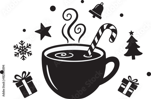 Festive winter holidays illustration with hot drink gifts and decorations