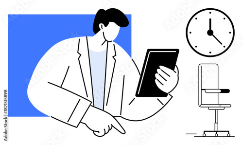 Person holding tablet, pointing attentively, modern chair, and clock emphasizing focus. Ideal for time management, productivity, scheduling, work environment, digital tools office routine simple