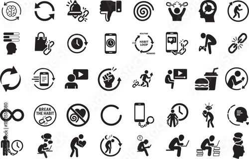 Addiction icon set in bold vector style, showing habits, dependency symbols, behavior patterns and warning signs.