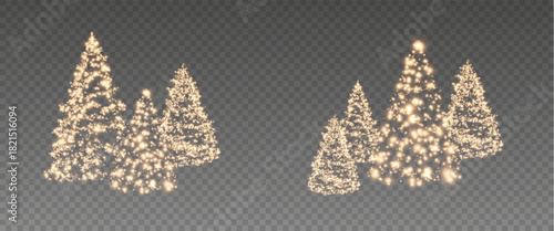Christmas tree, sparkling lights in the shape of a fir tree on a transparent background. New Year tree made of glowing lights, gold, white, blue, green, vector, png.